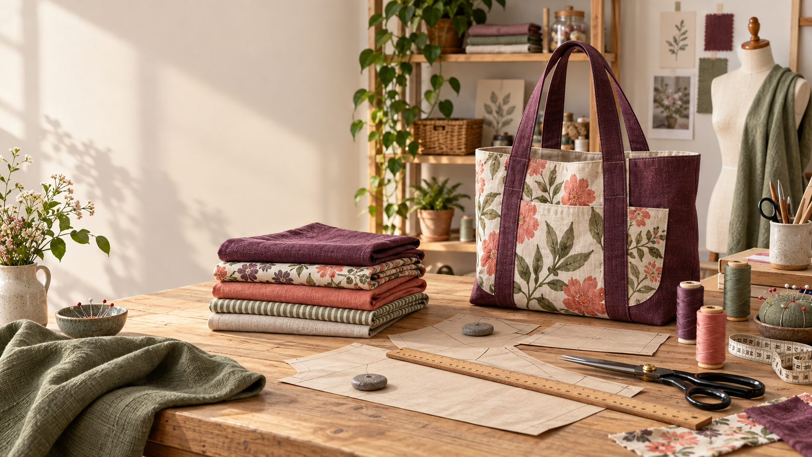 Sewing studio with fabric, pattern pieces and a handmade tote bag